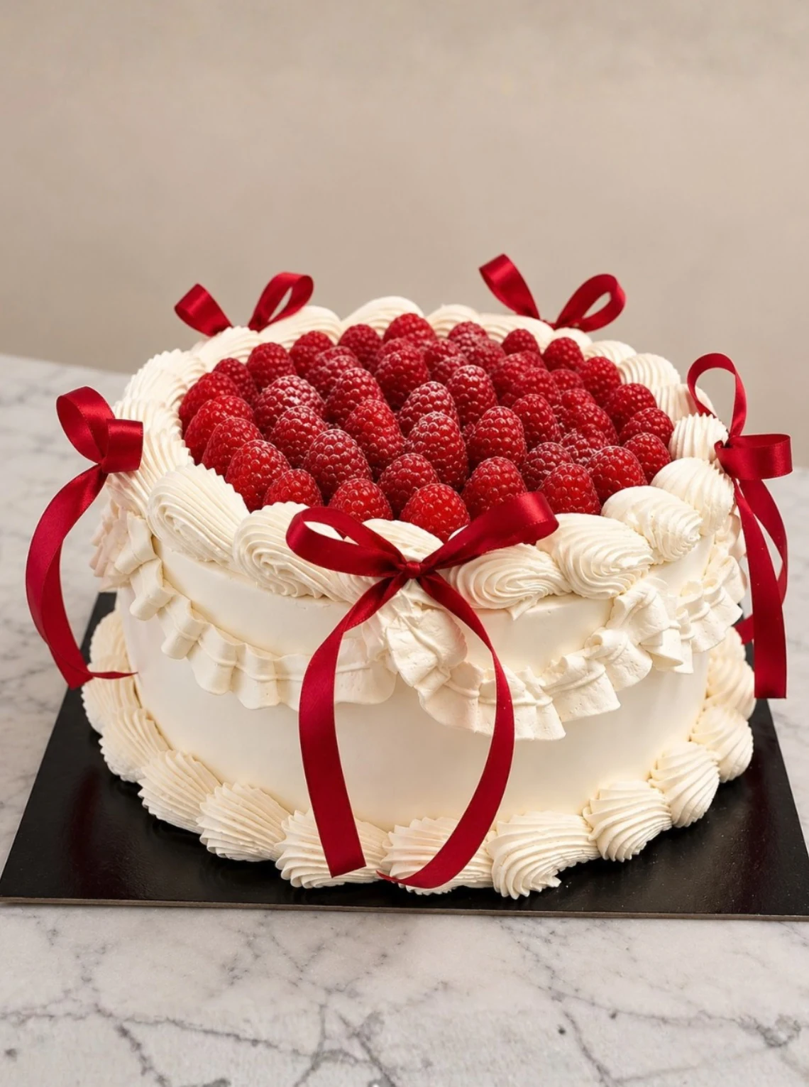 Torta Delice bianca con lamponi, decorazioni di crema e fiocchi rossi