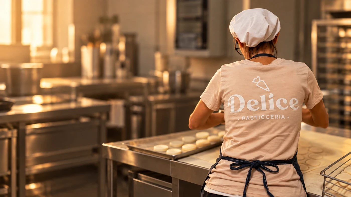 Pasticciera Delice al lavoro nel laboratorio, fotografia ampliata e ritoccata