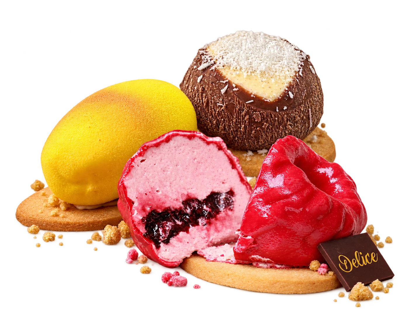Composizione di frutta realistica Delice: limone, cocco e frutto rosso aperto